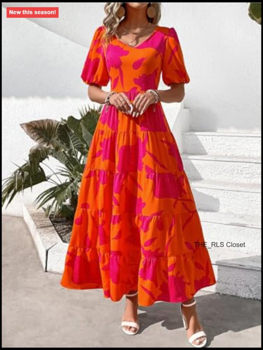 Puff Short Sleeve Scoop Neck Floral Maxi Dress with Tiered Hem - Picture 3 of 7